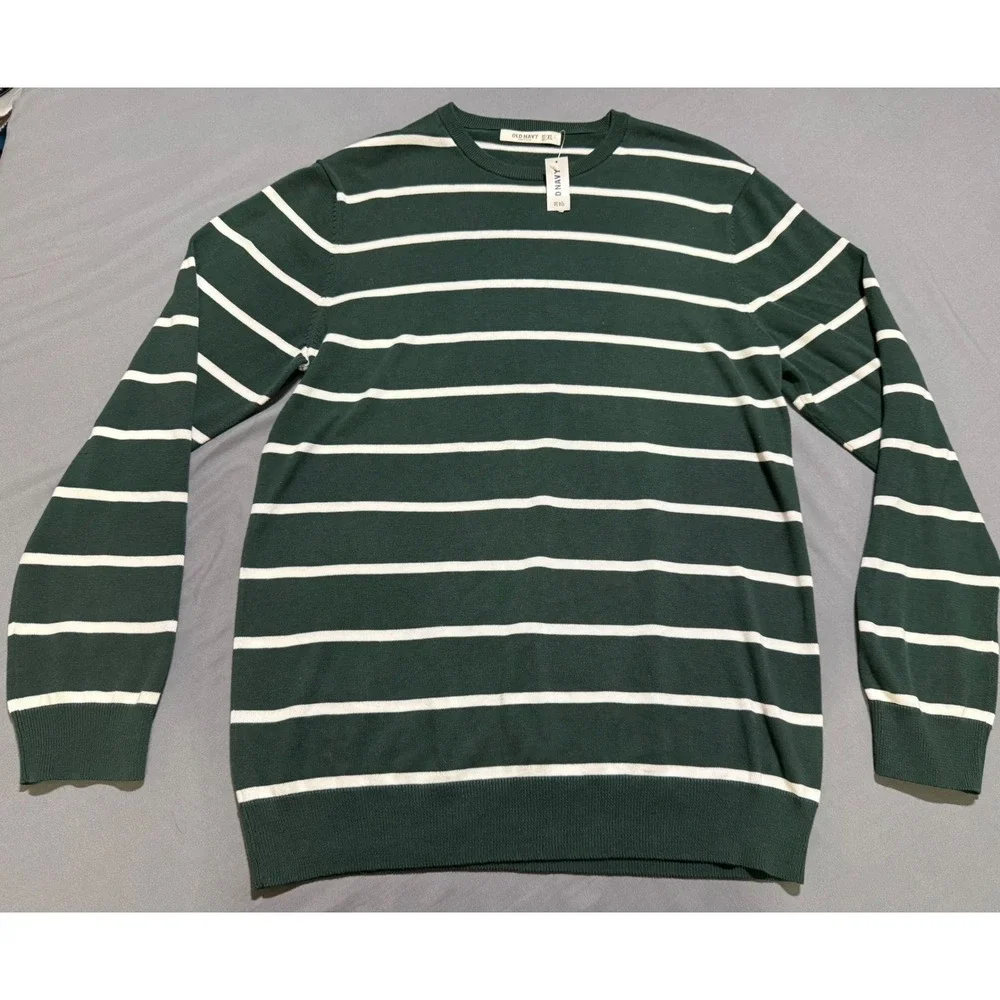 Old Navy Sweater Mens XL Green White Striped Cotton Crewneck Long Sleeve